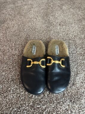 Steve Madden Black Leather Fur-Lined Slip-On Mules with Gold Hardware